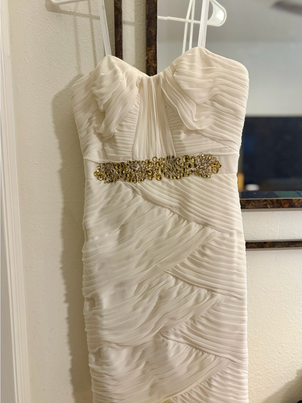 Y2K Cashe Ivory Ruched Strapless Dress with Gold Embellished Waist